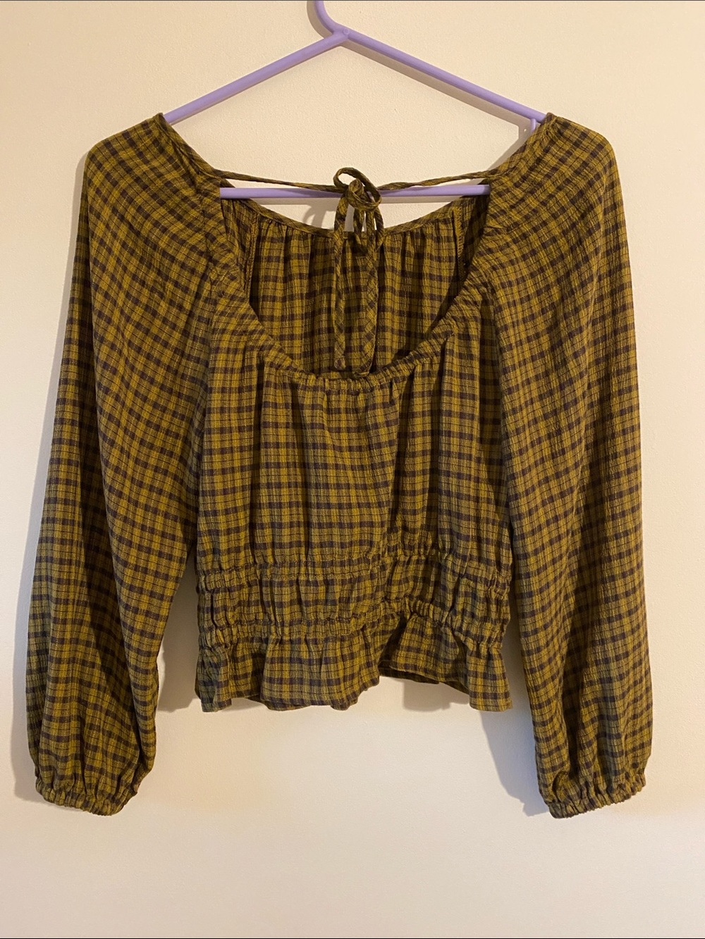 Madewell Mustard Plaid Off-Shoulder Peasant Top - Picture 4 of 5